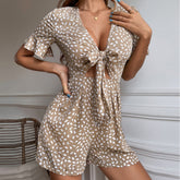 V-Ausschnitt Reißverschluss Hohl-out Langarm Kurze Culottes Plissee Spitze All-Matching Romper